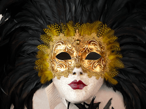 Carnavalsmasker goud met zwarte veren Venetië